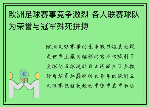 欧洲足球赛事竞争激烈 各大联赛球队为荣誉与冠军殊死拼搏